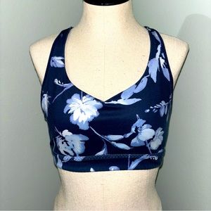 Athleta Strappy Sports Bra RN 54023 XS, navy blue with white flowers